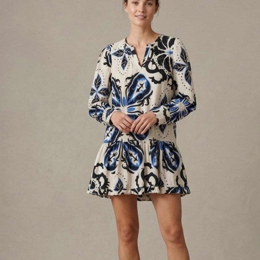 Maude Vivante Women's Dress Size M 100% Cotton Long Sleeve Mini Blue Black Cream